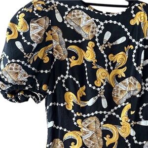 Adrianna Papell Black silk midi posh Dress with Gold Leaf & Pearl Motif